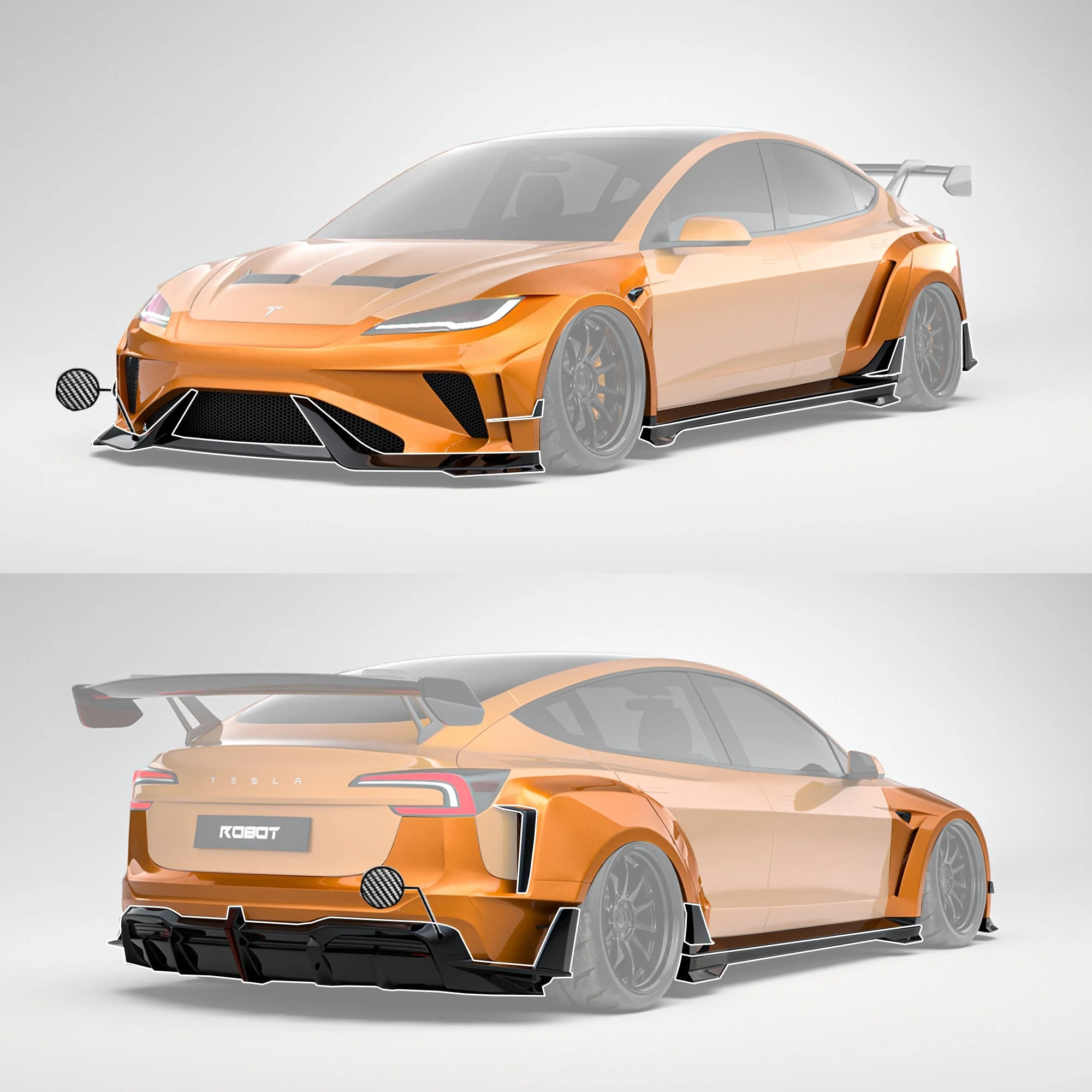 Robot Craftsman Tesla Model 3 Highland 2024+ “HACKER” Widebody FRP & Partial Carbon Full Kit - Image 3